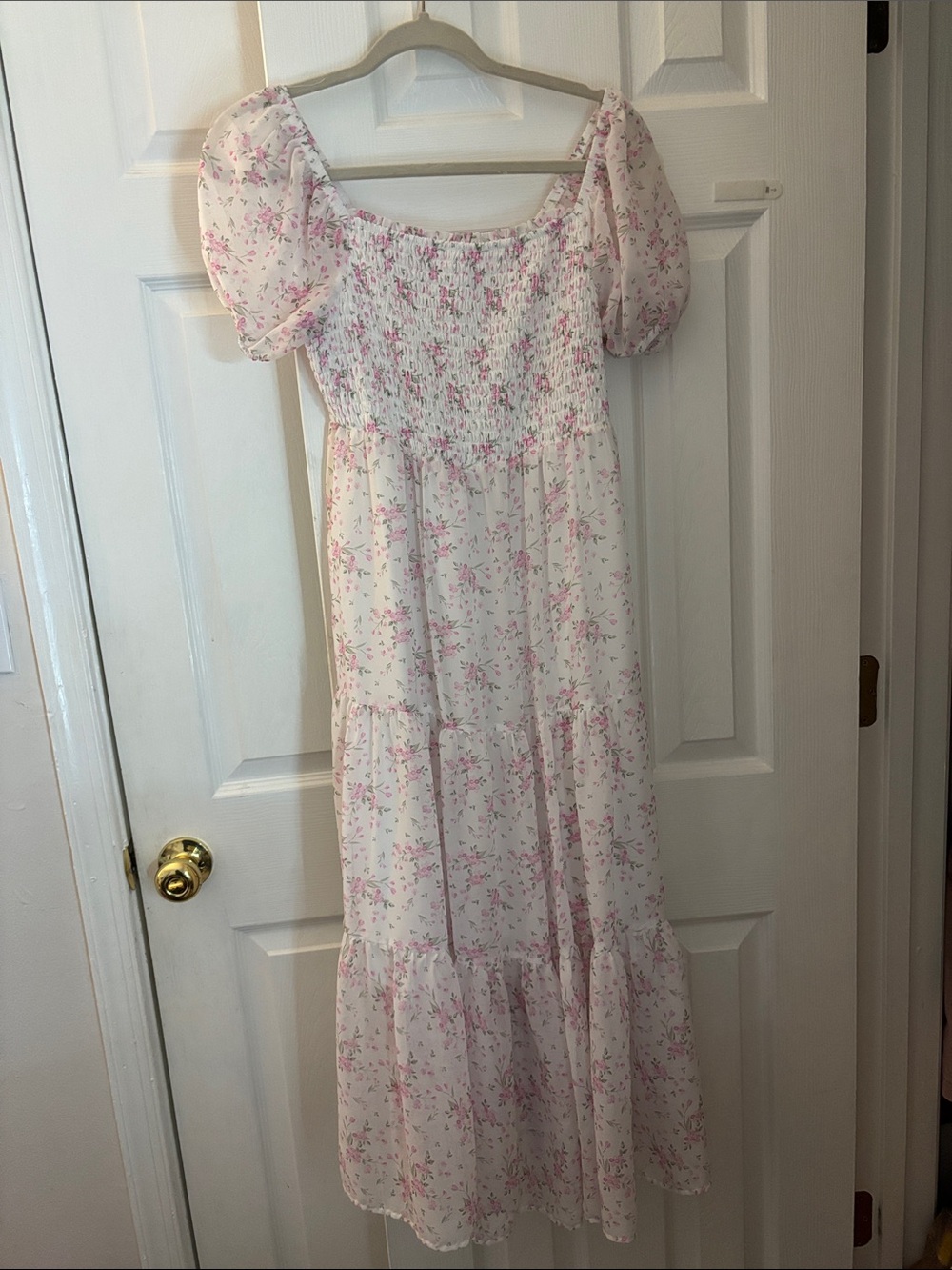Smocked White Maxi Dress with Pink Floral Print